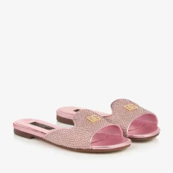 Dolce amp; Gabbana Sliders|Sliders*Girls Pink Leather Rhinestones Sliders