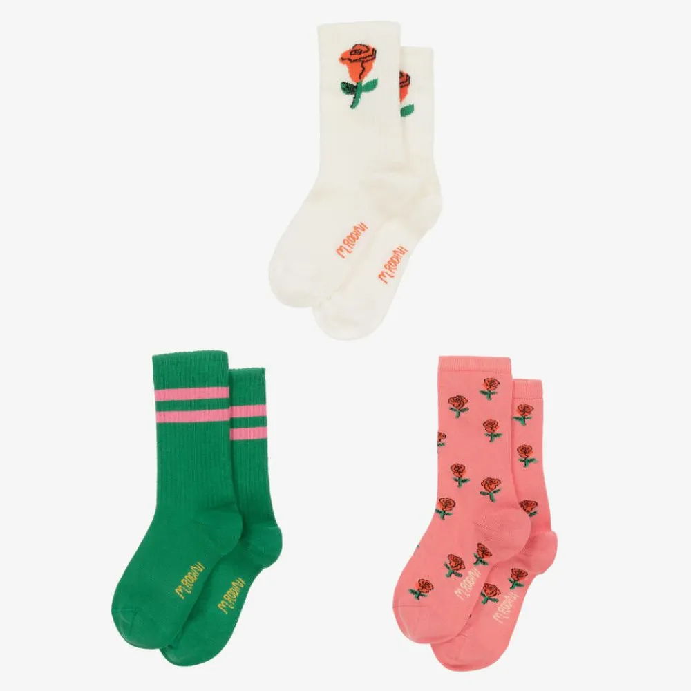 Mini Rodini Socks*Girls Pink Roses Organic Cotton Socks (3 Pack)