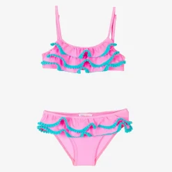 Selini Action Swimwear*Girls Pink Ruffle & Blue Pom-Pom Bikini