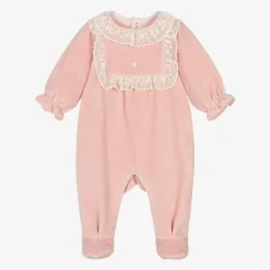 Tartine et Chocolat Babysuits*Girls Pink Velour & Lace Babygrow