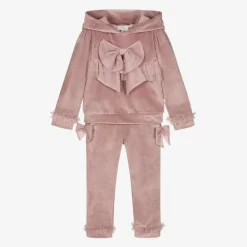 Caramelo Kids Tracksuits*Girls Pink Velour & Tulle Bow Tracksuit