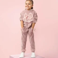 Caramelo Kids Tracksuits*Girls Pink Velour & Tulle Bow Tracksuit