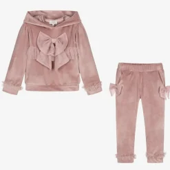 Caramelo Kids Tracksuits*Girls Pink Velour & Tulle Bow Tracksuit
