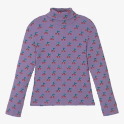 Bobo Choses Tops*Girls Purple Cotton Cherry Print Roll Neck