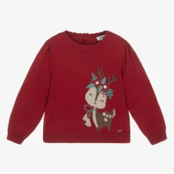 Mayoral Tops*Girls Red Cotton Knit Reindeer Jumper