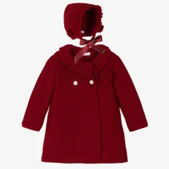 Foque Coats & Jackets*Girls Red Knitted Pram Coat & Bonnet Set