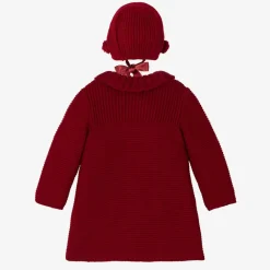 Foque Coats & Jackets*Girls Red Knitted Pram Coat & Bonnet Set