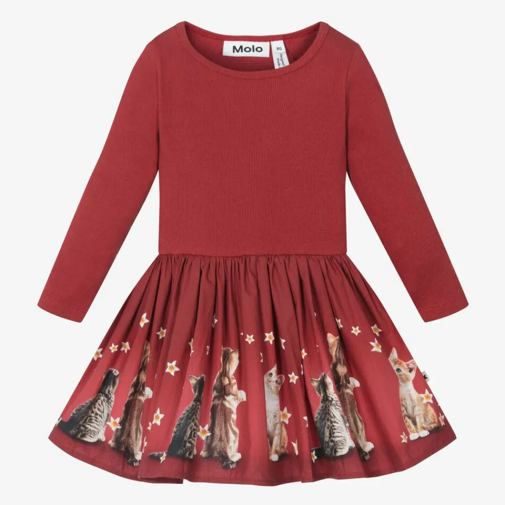 Molo Dresses*Girls Red Organic Cotton Kittens Dress