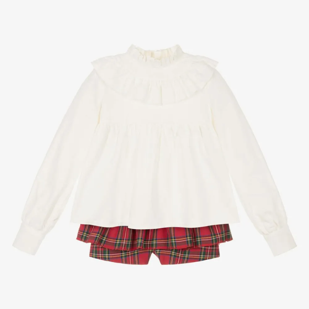 Abuela Tata Outfit Sets*Girls Red Tartan Cotton Shorts Set
