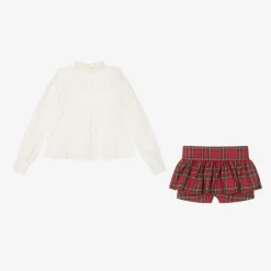 Abuela Tata Outfit Sets*Girls Red Tartan Cotton Shorts Set