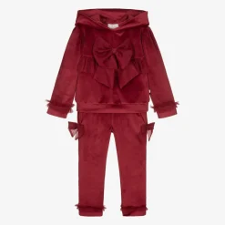 Caramelo Kids Tracksuits*Girls Red Velour & Tulle Bow Tracksuit