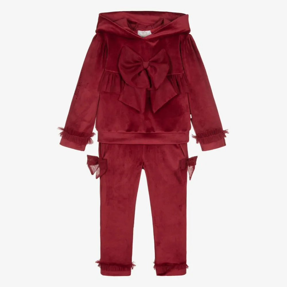 Caramelo Kids Tracksuits*Girls Red Velour & Tulle Bow Tracksuit