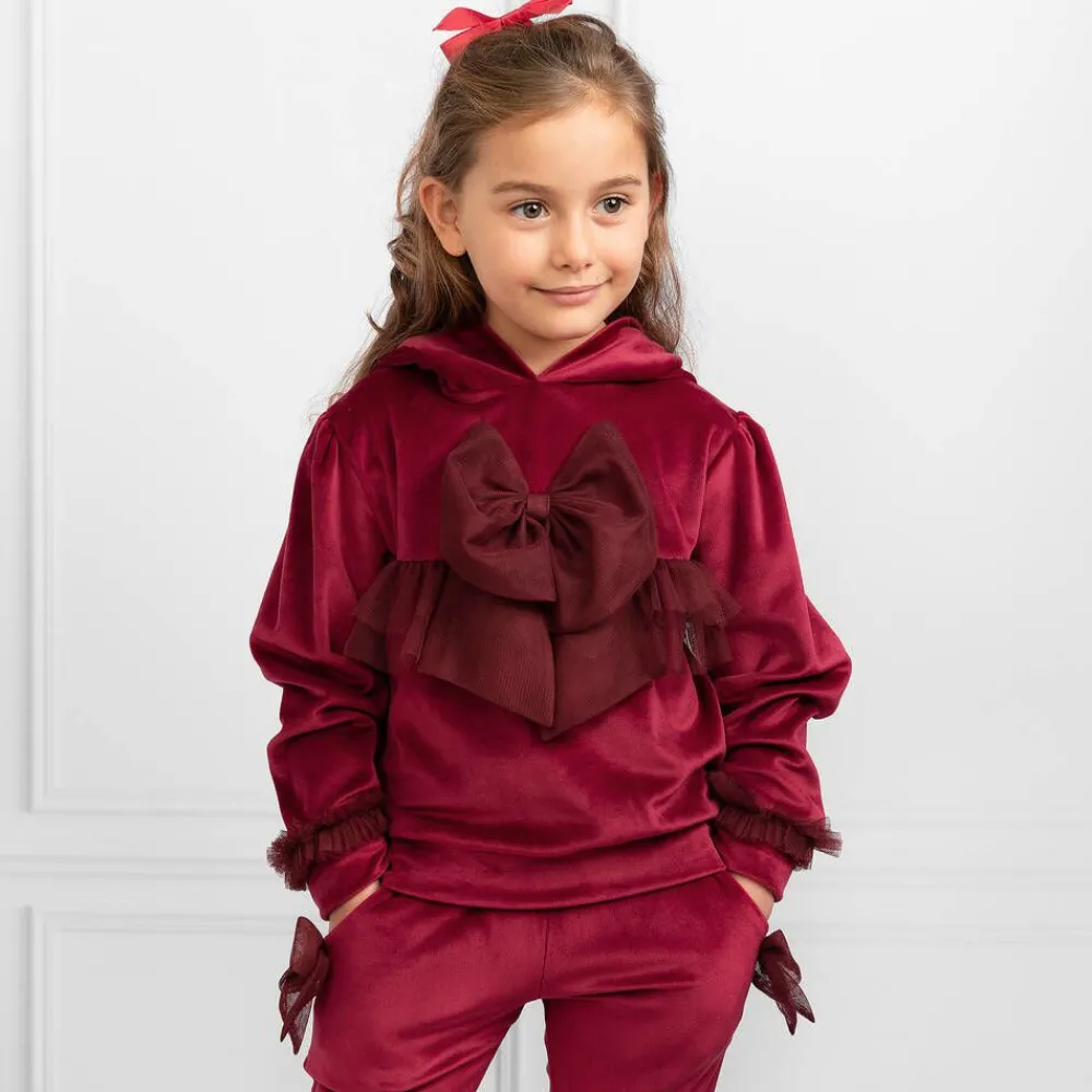 Caramelo Kids Tracksuits*Girls Red Velour & Tulle Bow Tracksuit
