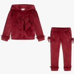 Caramelo Kids Tracksuits*Girls Red Velour & Tulle Bow Tracksuit