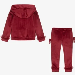 Caramelo Kids Tracksuits*Girls Red Velour & Tulle Bow Tracksuit