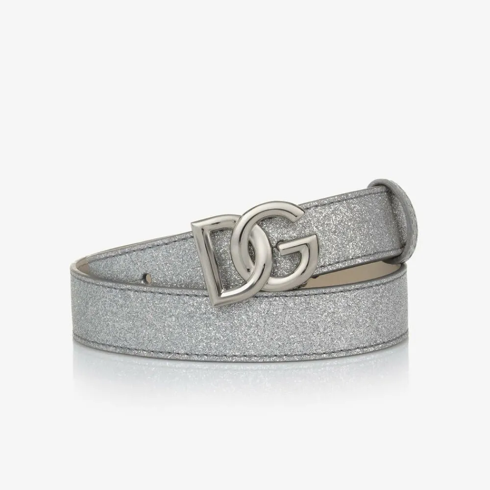 Dolce amp; Gabbana Clothing Accessories*Girls Silver Glitter DG Buckle Belt
