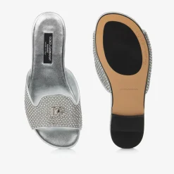 Dolce amp; Gabbana Sliders|Sliders*Girls Silver Leather Rhinestone Sliders