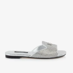 Dolce amp; Gabbana Sliders|Sliders*Girls Silver Leather Rhinestone Sliders