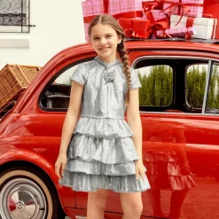 Marlo Kids Gifts*Girls Silver Tiered Sequinned Tulle Dress