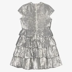 Marlo Kids Gifts*Girls Silver Tiered Sequinned Tulle Dress
