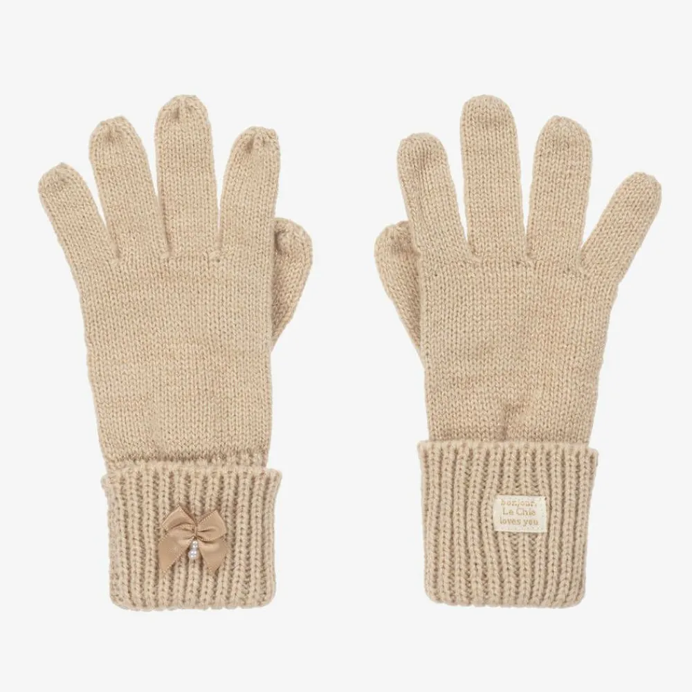 Le Chic Gloves & Mittens*Girls Sparkly Beige Knitted Gloves