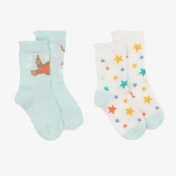 Frugi Socks*Girls White & Blue Cotton Socks (2 Pack) EnchantedForest