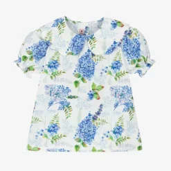 Phi Clothing Tops*Girls White & Blue Floral Cotton Blouse