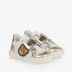 Moschino Kid-Teen Trainers*Girls White & Gold Leather Bear Trainers