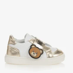 Moschino Kid-Teen Trainers*Girls White & Gold Leather Bear Trainers