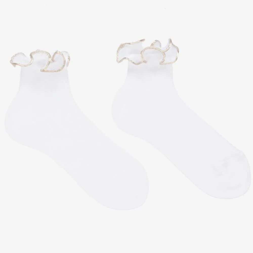 Story Loris Socks*Girls White & Ivory Ruffle Socks