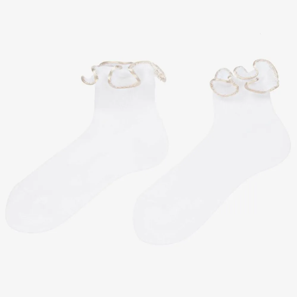Story Loris Socks*Girls White & Ivory Ruffle Socks
