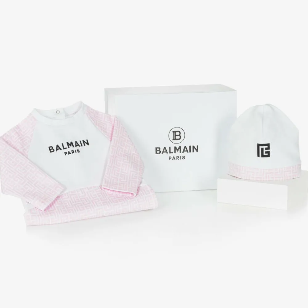 Balmain Babysuits*Girls White & Pink Cotton Babygrow Gift Set
