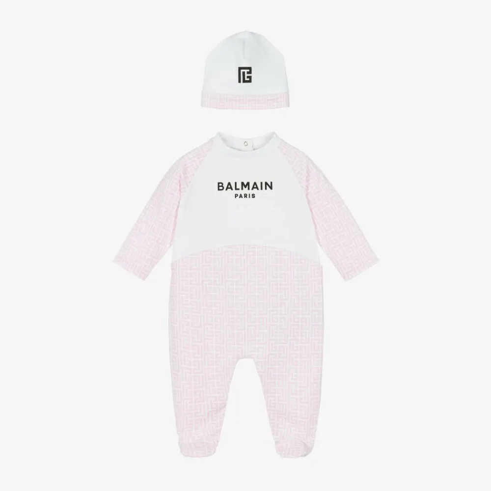 Balmain Babysuits*Girls White & Pink Cotton Babygrow Gift Set