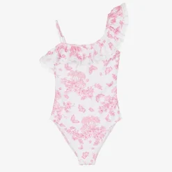 Selini Action Swimwear*Girls White Beaded & Ruffle Swimsuit