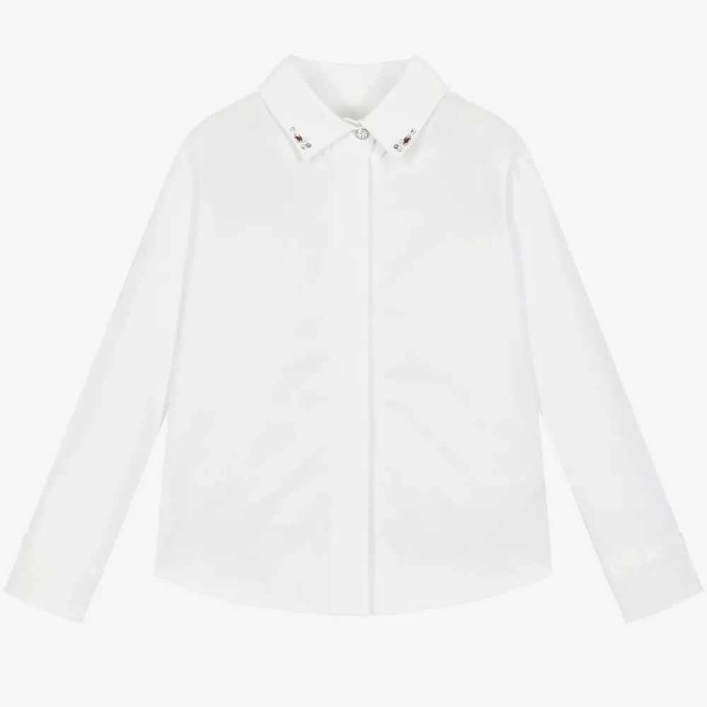 Lapin House Tops*Girls White Cotton Beaded Collar Blouse