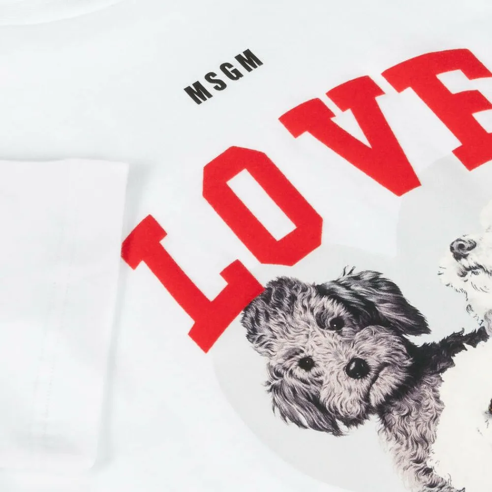 MSGM Tops*Girls White Cotton Puppy T-Shirt