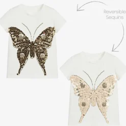 Childrensalon Occasions Tops*Girls White Cotton Sequin Butterfly T-Shirt
