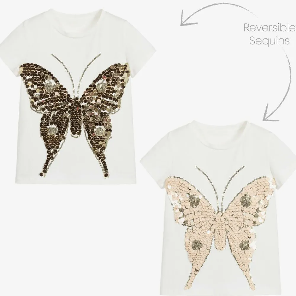 Childrensalon Occasions Tops*Girls White Cotton Sequin Butterfly T-Shirt