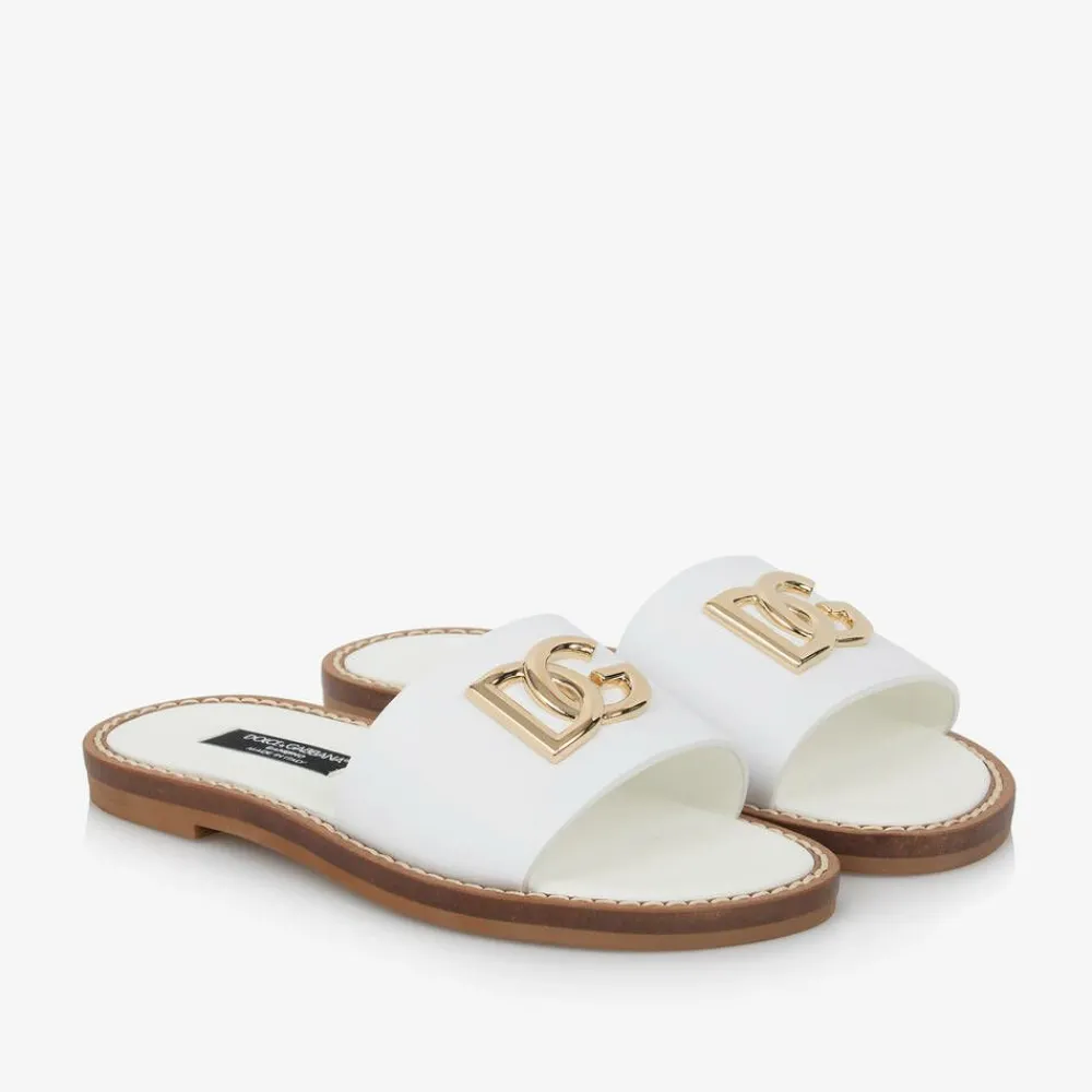 Dolce amp; Gabbana Sliders|Sliders*Girls White Leather DG Sliders