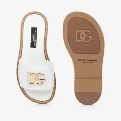 Dolce amp; Gabbana Sliders|Sliders*Girls White Leather DG Sliders