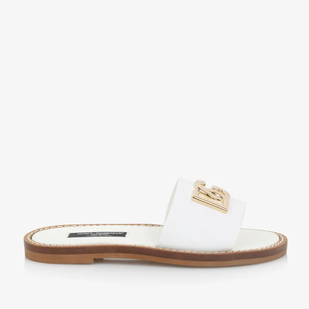 Dolce amp; Gabbana Sliders|Sliders*Girls White Leather DG Sliders