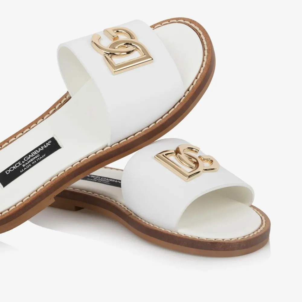 Dolce amp; Gabbana Sliders|Sliders*Girls White Leather DG Sliders