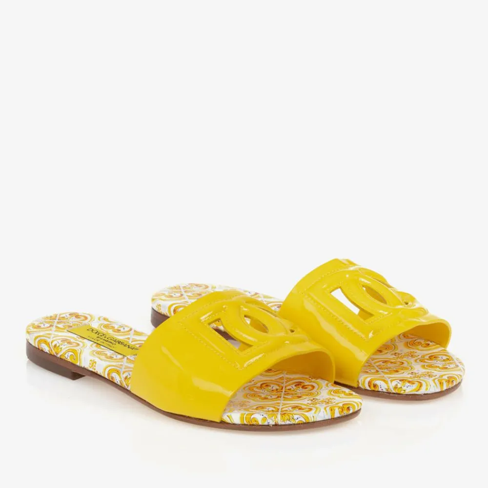 Dolce amp; Gabbana Sliders|Sliders*Girls Yellow Leather Majolica Sliders