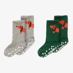 Mini Rodini Socks*Green & Grey Cotton Anti-Slip Socks (2 Pack)