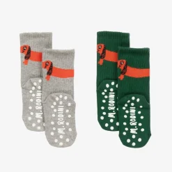 Mini Rodini Socks*Green & Grey Cotton Anti-Slip Socks (2 Pack)