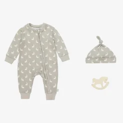 The Little Tailor Gifts|Babysuits*Grey Hare Print Cotton Babysuit Set