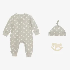 The Little Tailor Gifts|Babysuits*Grey Hare Print Cotton Babysuit Set