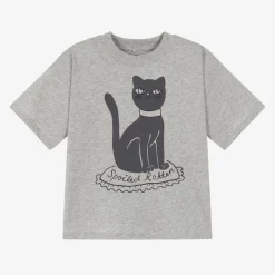 Mini Rodini Tops*Grey Marl Organic Cotton Cat Print T-Shirt