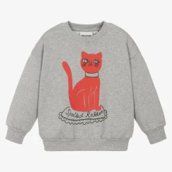 Mini Rodini Tops*Grey Organic Cotton Cat Print Sweatshirt