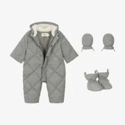 Bonpoint Snowwear*Grey Quilted Down Snowsuit